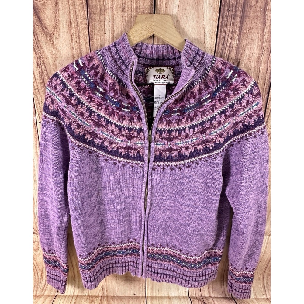 Tiara International VTG Cardigan Sweater Small Purple Fair Isle Zip Lavendar‎